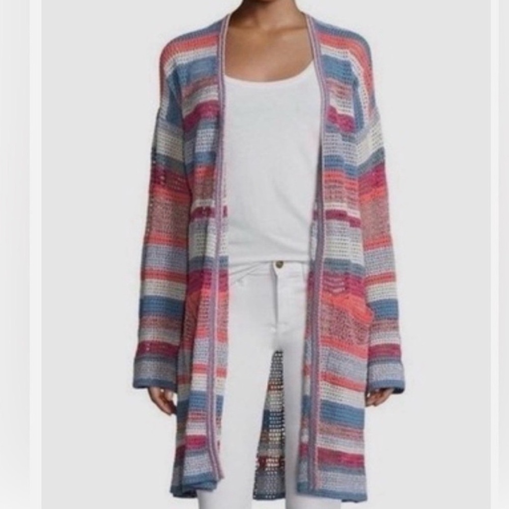 Zadig & Voltaire Celia Ho Midi Open Front Cardigan Striped Crochet Knit -MED-EUC